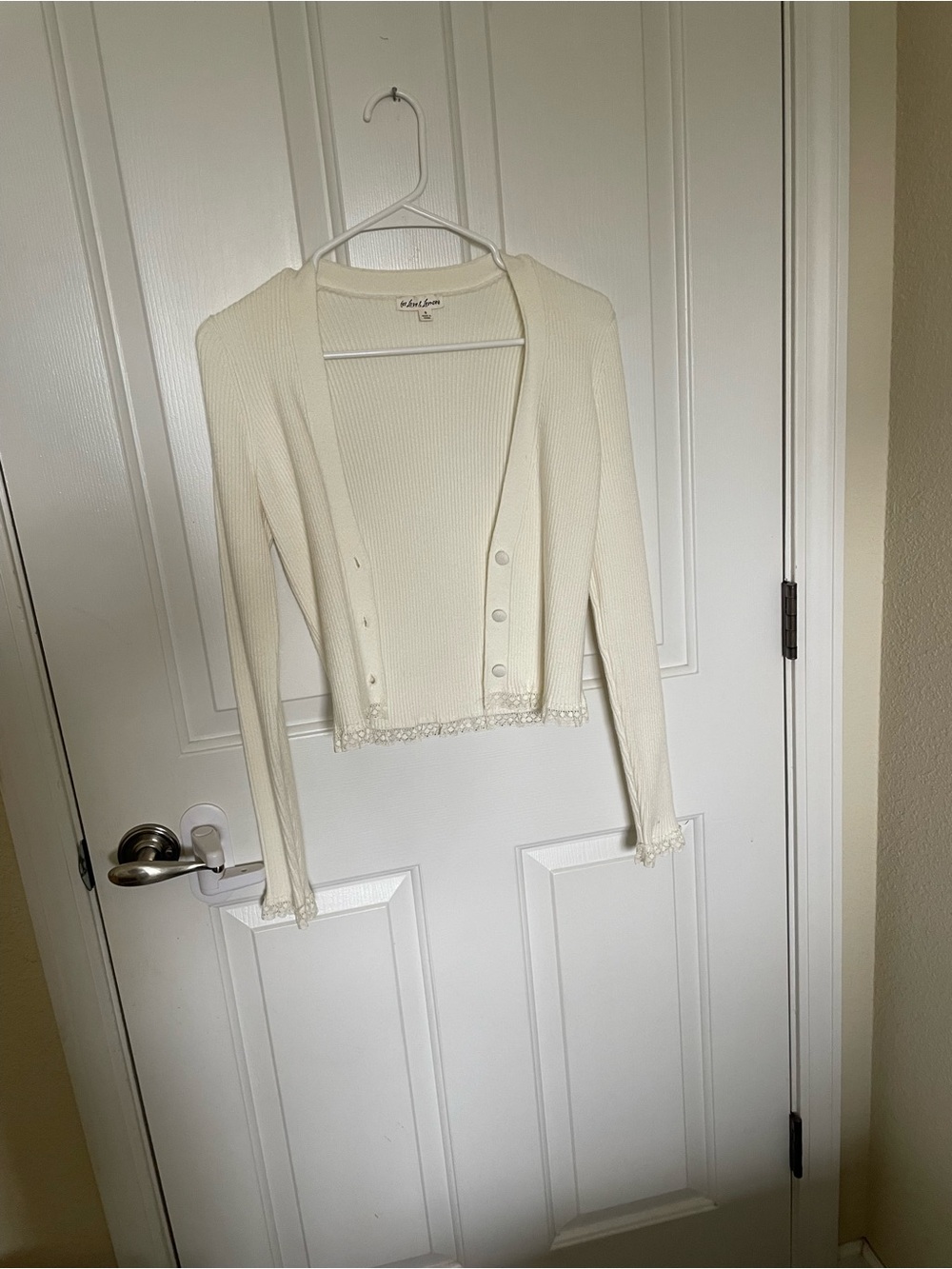 For Love & Lemons Cream Ribbed Lace-Trim Cropped Cardigan